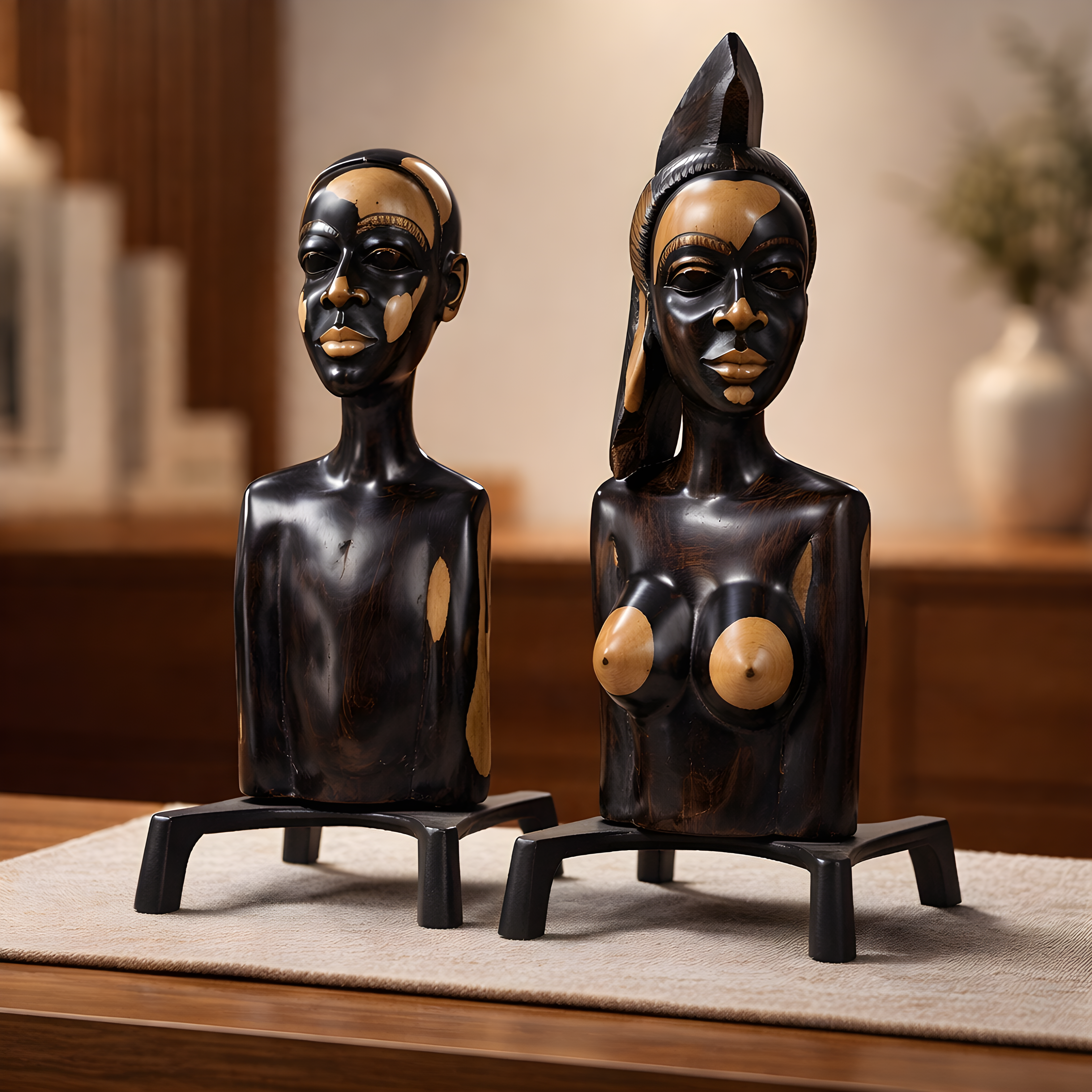 Couple en bois d'ébène et structure métal