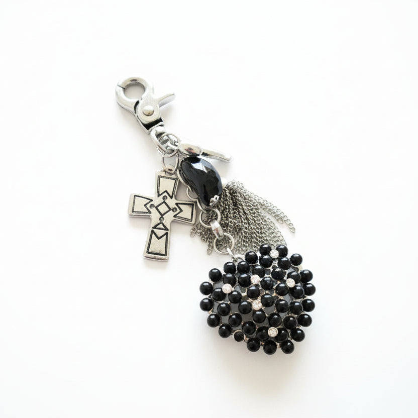 Porte clé cœur strass noir et croix
